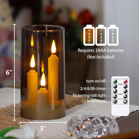 3-in-1 Flameless LED Taper Pillar Candles, Set of 2 Acrylic Grey Candles with Remote, Timer & Flickering Warm Light