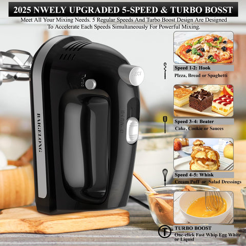 Hand Electric Mixer 300W – 5 Speeds + Turbo Boost, 5 Stainless Steel Attachments, Handheld Blender for Baking – Black