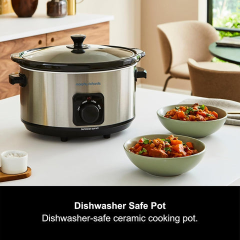 6.5L Silver Slow Cooker with Ceramic Pot, 3 Heat Settings, Easy Clean, Brushed Steel Family Cooker 461013