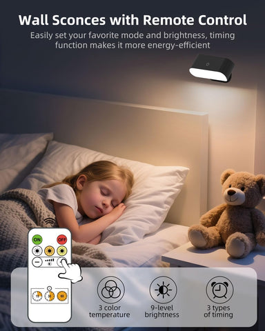 Battery Operated Wall Sconces Set of 2, Rechargeable LED Wall Mounted Light with Remote Control, Stick On Magnetic Wall Lights for Bedroom, 3 Modes Dimmable Bedside Reading Wall Lamps for Bedroom