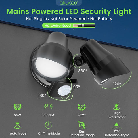 Mains powered LED security light with features highlighted on a dark background