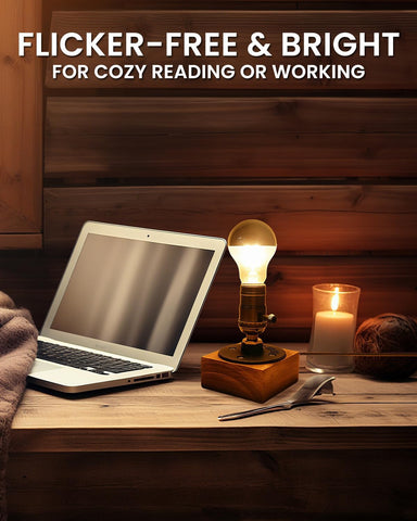 Vintage Industrial Table Lamp with 4W LED E27 Bulb – Wooden Retro Bedside & Desk Lamp with Warm 2700K Light, UK 3-Pin Plug & Inline Switch