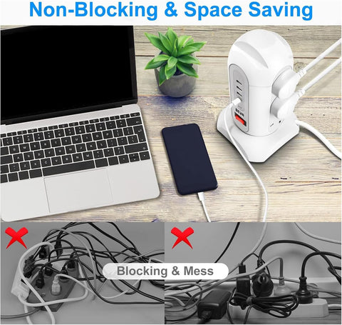 Tower Extension Lead with Surge Protection, 9 AC Outlets & 4 USB Ports, 1.65M Retractable Cable, Multi Plug Power Strip Tower