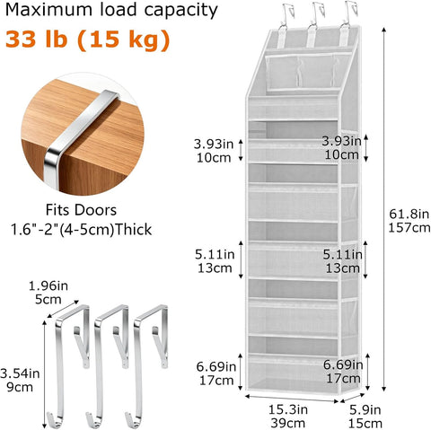 WEIQITAI 6-Tier Over the Door Organiser, Grey Hanging Storage with 6 Clear Front Pockets, 10 Mesh Side Pockets and 3 Metal Hooks