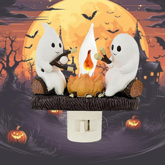 Ghost Campfire Nightlight, Ghost Campfire Flickering Nightlight, Halloween Night Light, Ghost Roasting Marshmallows Night Light for Bedroom Decoration Halloween Gifts