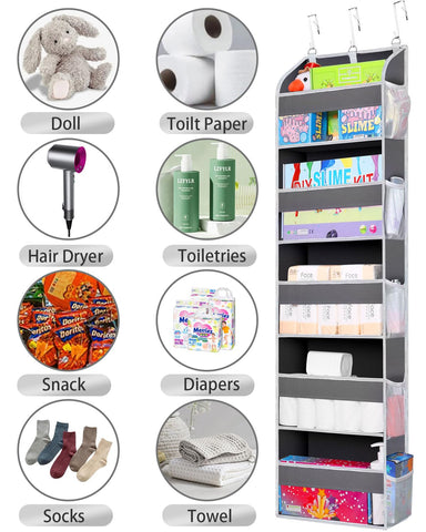 TAHAVICE Over The Door Storage Organiser, 5 Clear Window Pockets and 10 Mesh Side Pockets, Grey – Turn Unused Door Space into Smart Storage