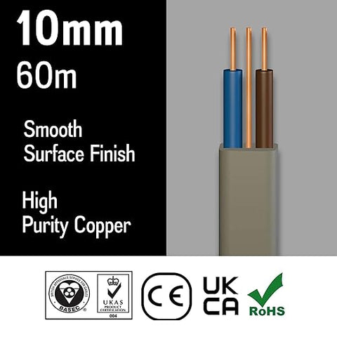 Primes DIY 10mm Twin and Earth Flat Grey PVC Lighting Electric Cable 6242Y BASEC Approved (60 Meter) for Lights, Sockets, Immersion Heaters, Boilers and High-Powered Circuits