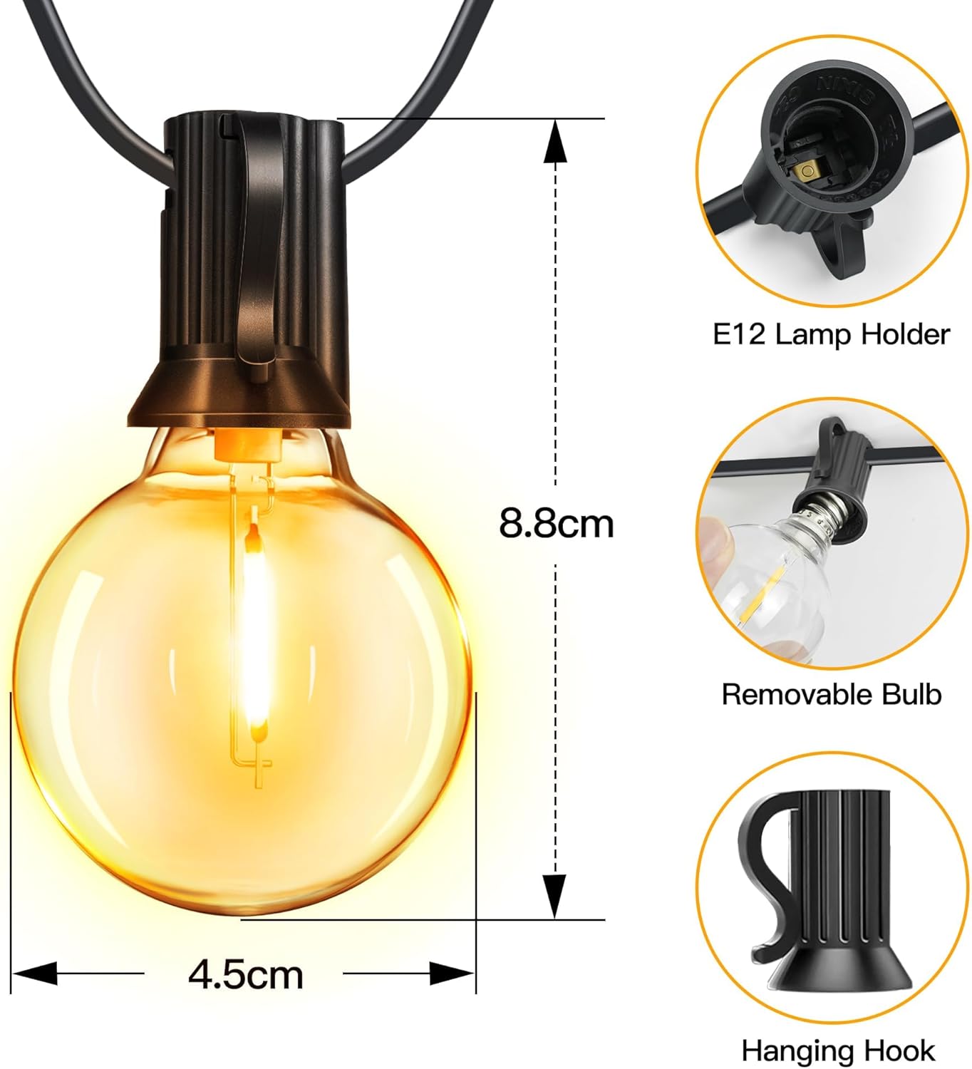 Christmas LED String Light Mains Powered, Festoon Lights Outdoor 7.5m, Waterproof with Plug/13+1 Shatterproof G40 Bulbs/Hook, Bright Warm White Lighting Outside Indoor Tree Garden Decorations
