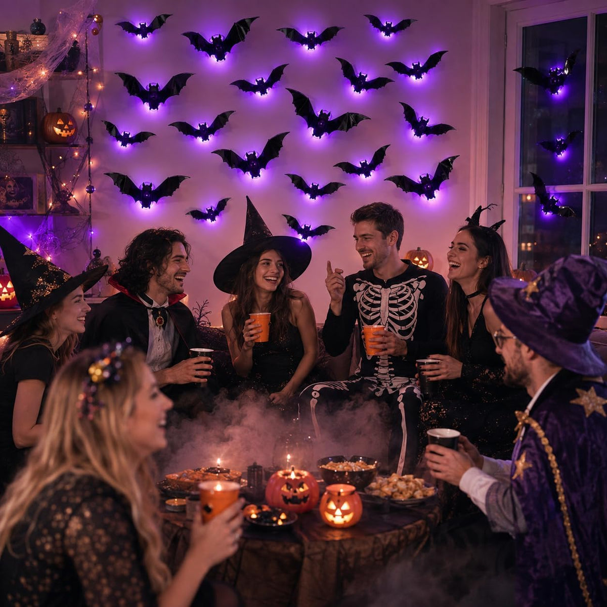 24PCS Halloween LED 3D Bat Wall Decorations – Glowing Purple Light-Up Bats with Removable Adhesives for Indoor Halloween Parties, Home, Bar & Party Décor