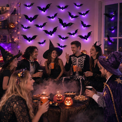 24PCS Halloween LED 3D Bat Wall Decorations – Glowing Purple Light-Up Bats with Removable Adhesives for Indoor Halloween Parties, Home, Bar & Party Décor