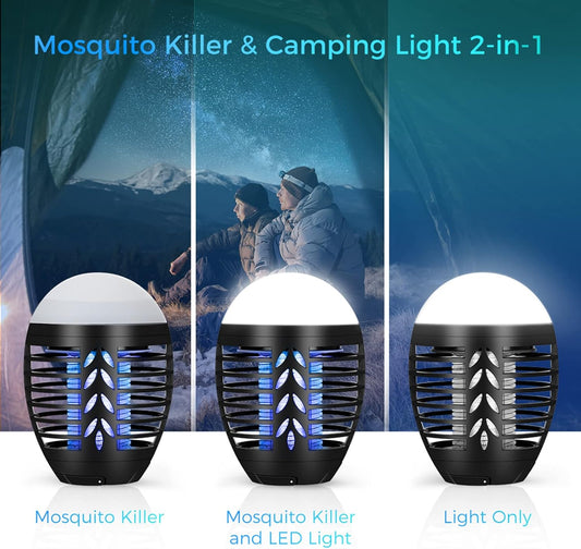 Mosquito Killer Lamp Portable Tent Light Mini Electric Bug Zapper 3 Brightness Levels LED Camping Lamp IP66 Waterproof USB Rechargeable Retractable Hook for Camping Outdoor Garden