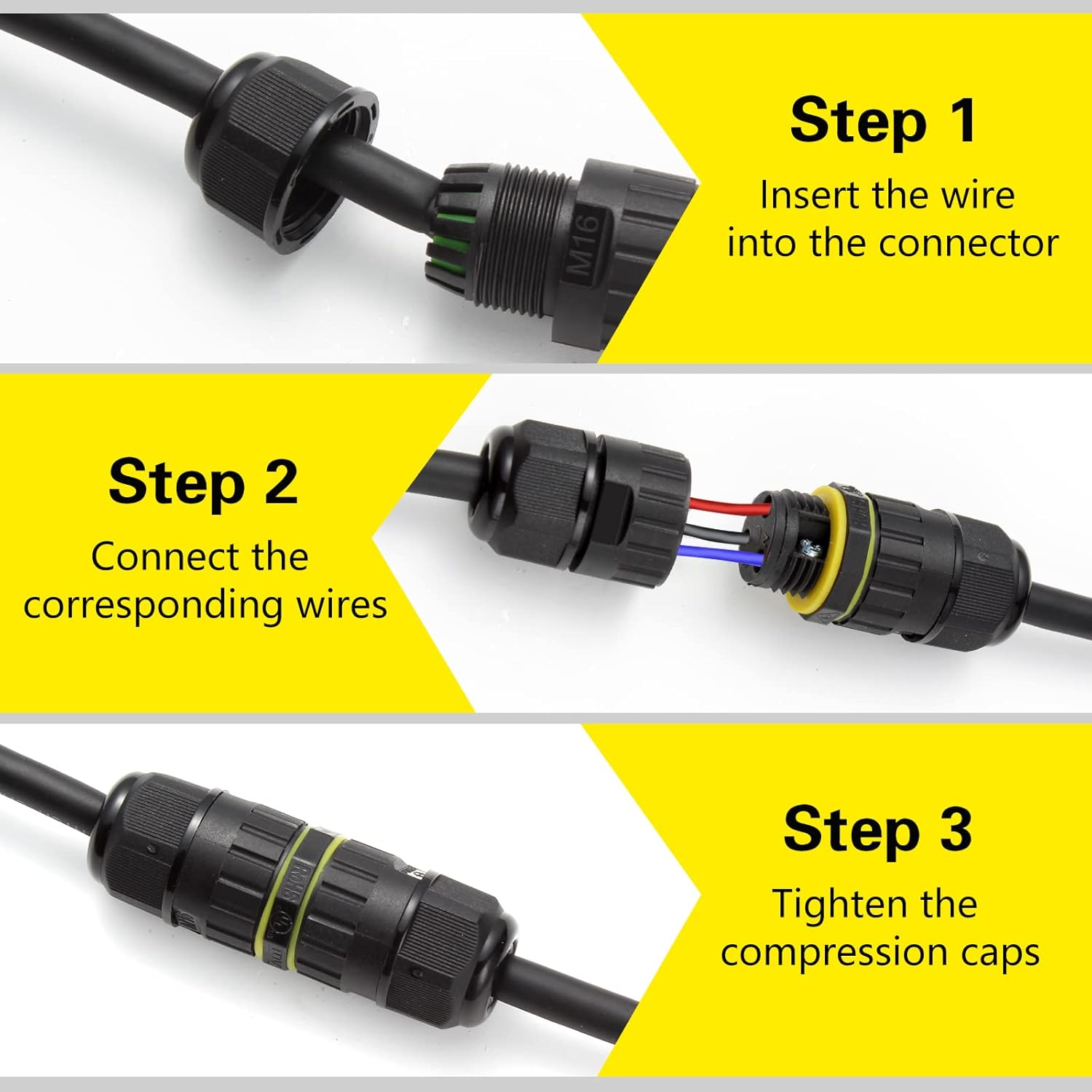 Step-by-step guide on connecting wires to a connector with yellow arrows and text labels.
