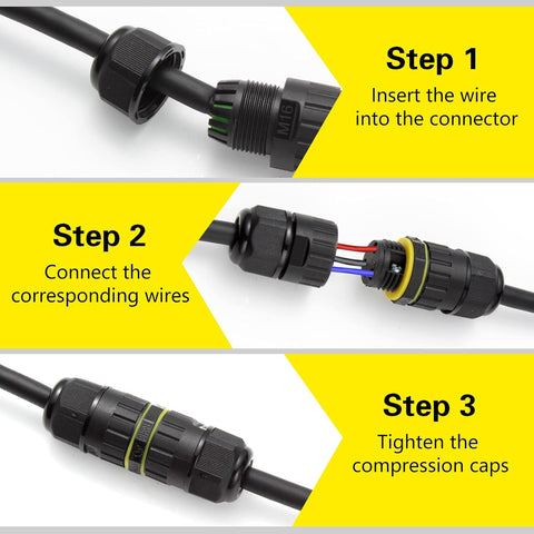 Step-by-step guide on connecting wires to a connector with yellow arrows and text labels.