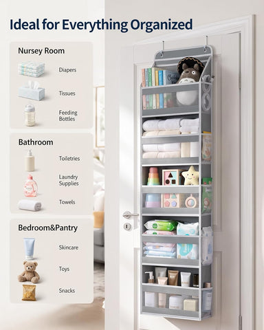 Yecaye 5-Tier Over Door Storage Organiser, Grey – Hanging Shelves with Mesh Windows for Space-Saving Home Organisation