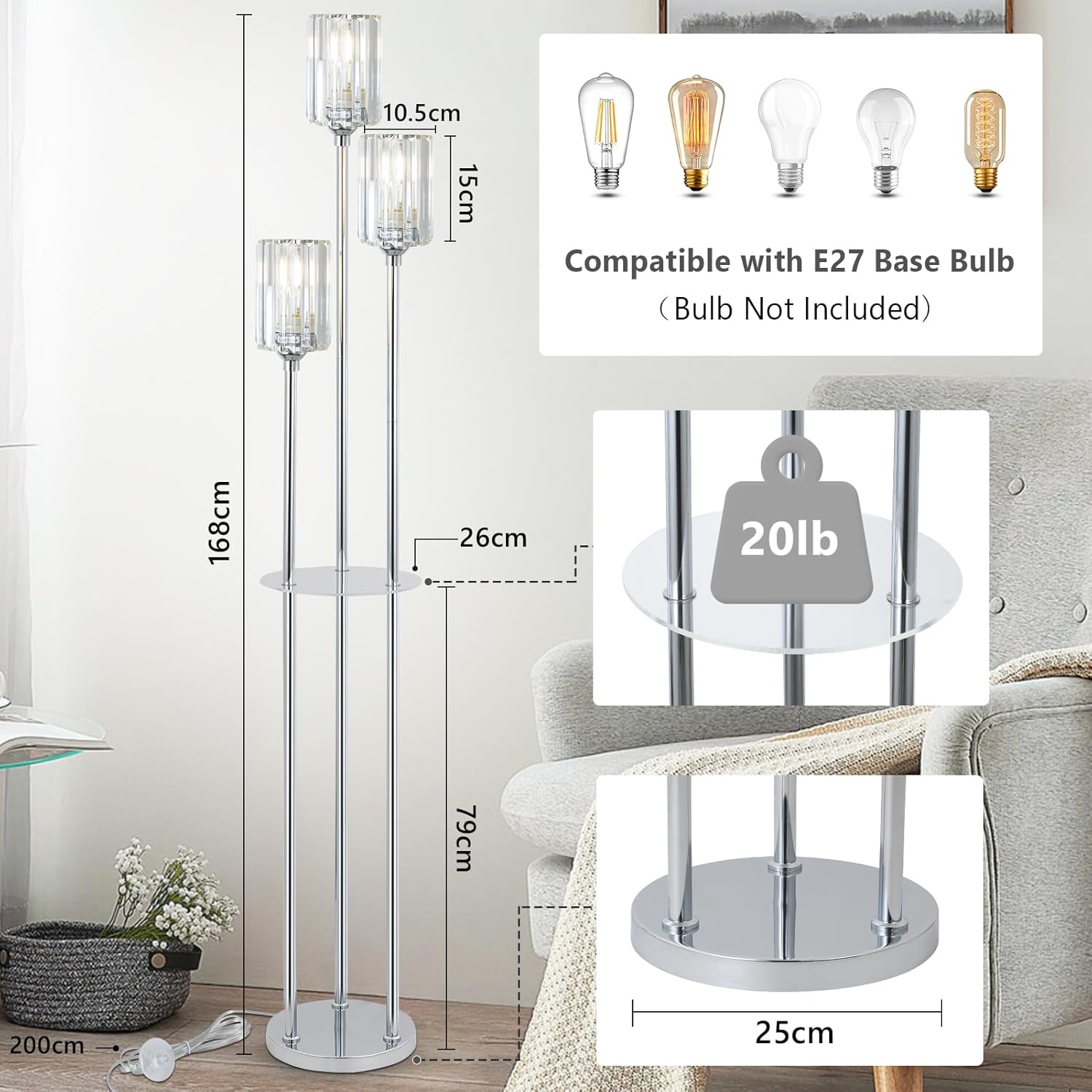 Floor lamp with dimensions and bulb compatibility information displayed.