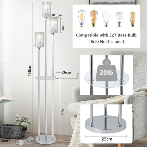 Floor lamp with dimensions and bulb compatibility information displayed.