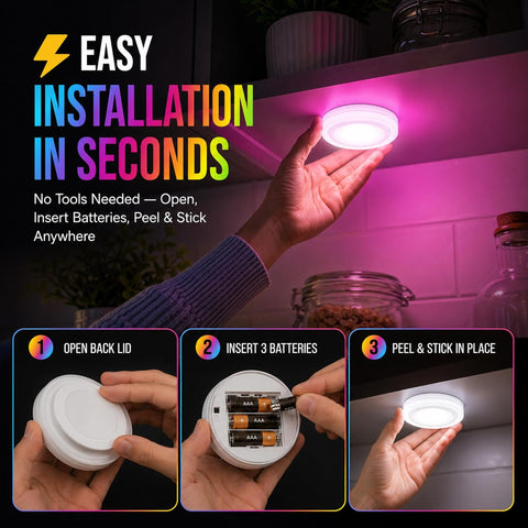 Lizzy LED Touch Lights 5 Pack with Remote Control – 12 Colour RGB Changing Battery Operated Stick-On Puck Lights for Kitchen, Wardrobe, Cupboard & Bedroom - Put the Glow Exactly Where Your Room Needs It