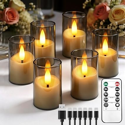 6 Pack Small Rechargeable Acrylic Flameless Candles with Remote Timer 4 x 6.5cm LED Tea Light Flickering Votive Mini Candles Battery Operated for Home Table Halloween Party Wedding Decor