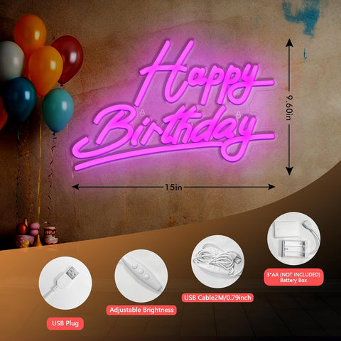 Pink Happy Birthday Neon Sign – Battery & USB Powered, Adjustable Brightness LED Neon Wall Light for Party Décor (15x9.6in)