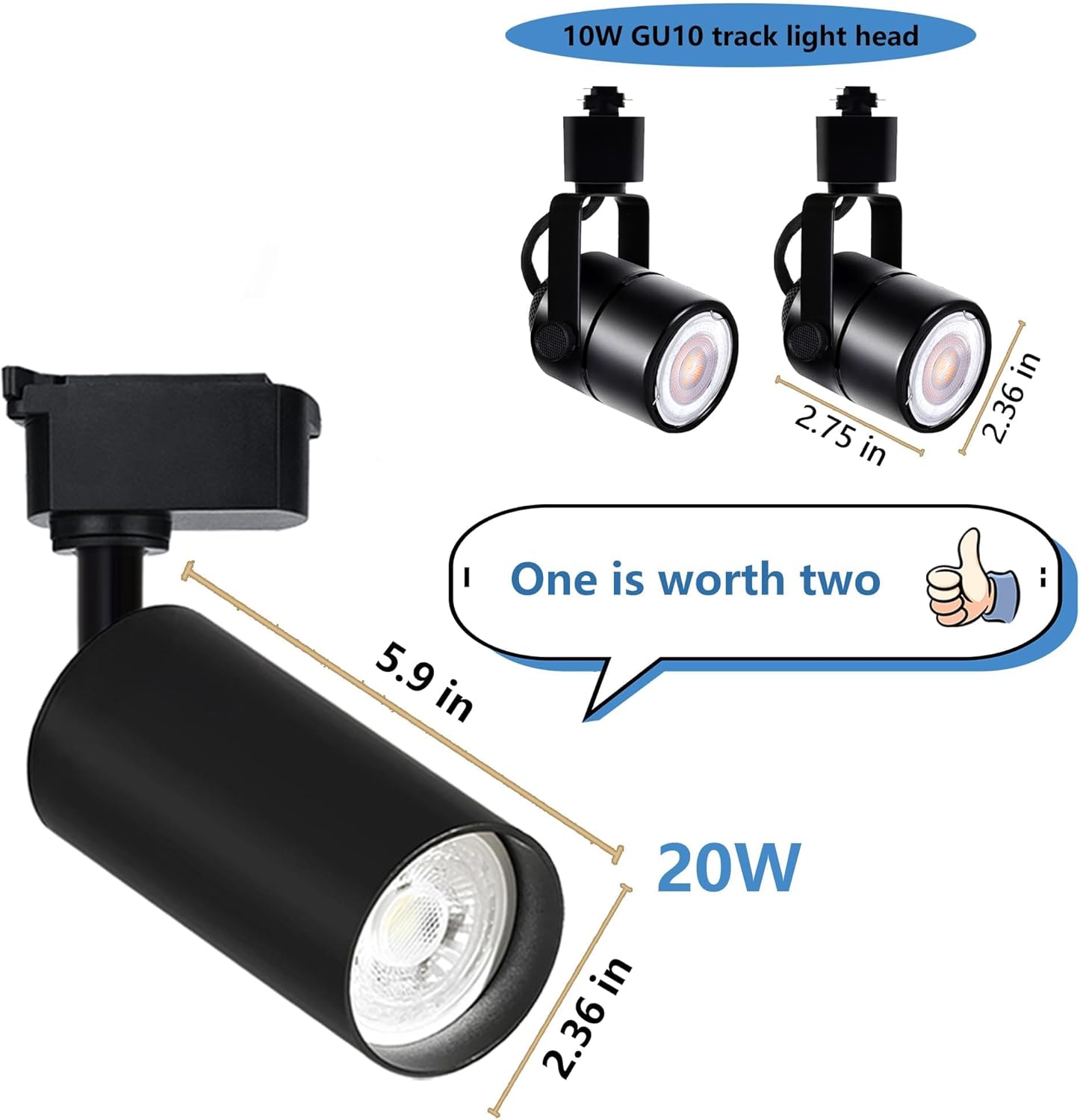 Black track light heads with measurements and text on a white background