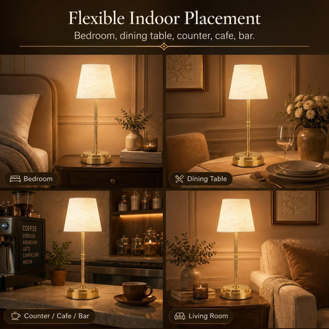 Rechargeable Cordless Table Lamp, 6000mAh Dimmable LED Bedside Lamp, Gold Metal & Linen Shade, 3000K Warm White