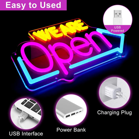 LED Neon WE ARE OPEN Sign 16"x7.8" – Ultra Bright Open Sign for Business, Shop, Bar, Restaurant, Store Wall Decor (Blue Pink Orange)