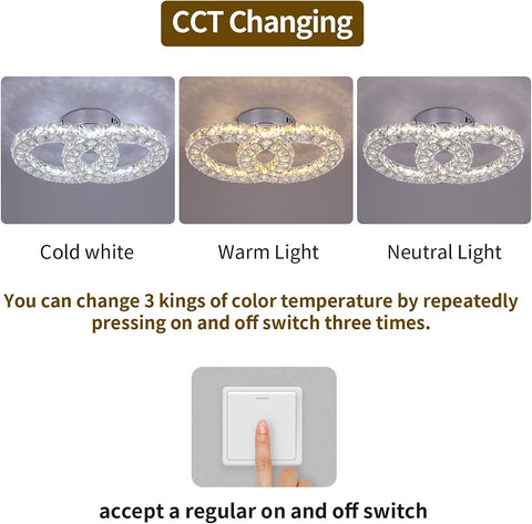 Crystal Chandelier Light Fixture LED Ceiling Lamp 2-Rings Flush Mount