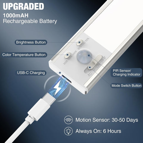Slochi Rechargeable Under Cabinet Kitchen Lights 20cm 3 Pack – Dimmable LED Cupboard Lights with 3 Colours, Motion Sensor, USB-C Rechargeable & Magnetic Mount - Light Up the Spaces You Usually Leave in the Dark