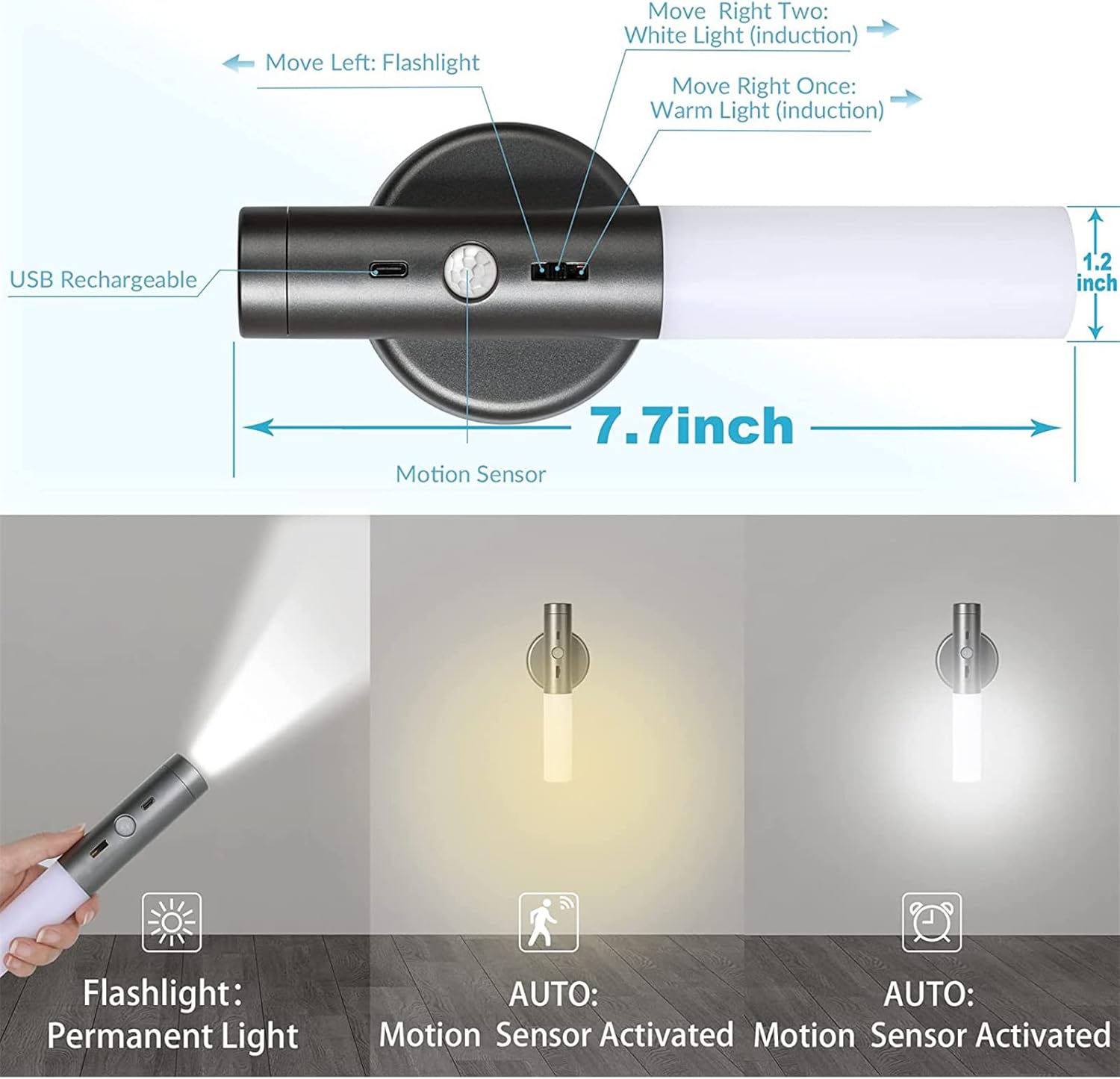 Wall-mounted light fixture with motion sensor and flashlight functions, showing different light modes.