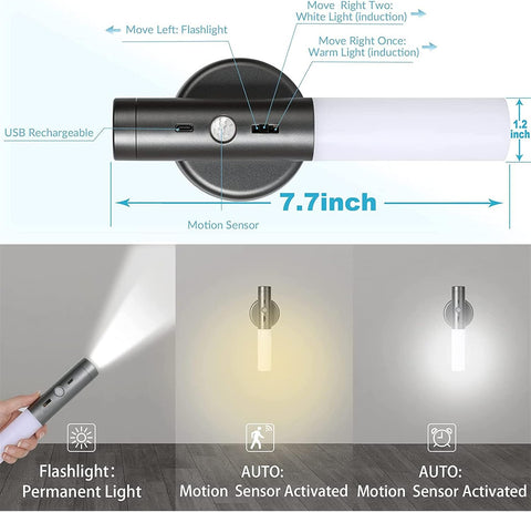 Wall-mounted light fixture with motion sensor and flashlight functions, showing different light modes.