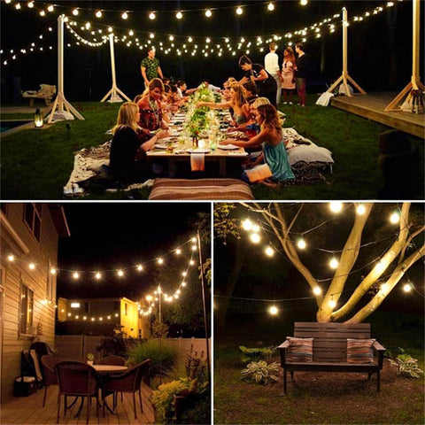 String lights in various outdoor settings including a dinner party, patio, and tree.