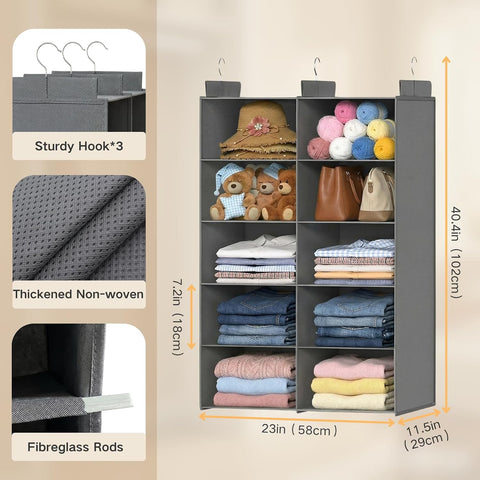 ALLTIDYUP 5-Tier Dual-Row Hanging Wardrobe Organiser, Grey – Foldable Storage Shelves for Clothes, Shoes & Bags