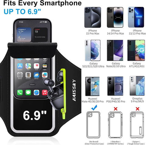 Running Armband Phone Holder Black with Airpods Pocket Sweatproof 6.9" Black