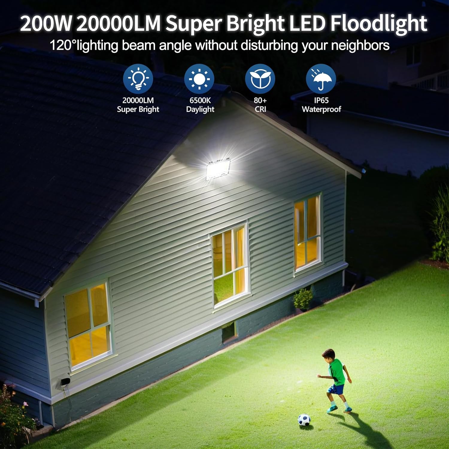 LED floodlight illuminating a house exterior with a child playing soccer on a grassy area.