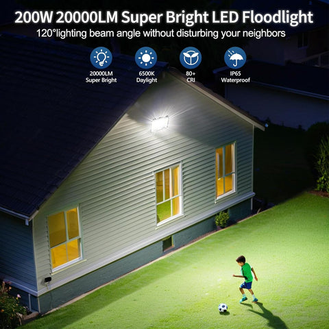 LED floodlight illuminating a house exterior with a child playing soccer on a grassy area.