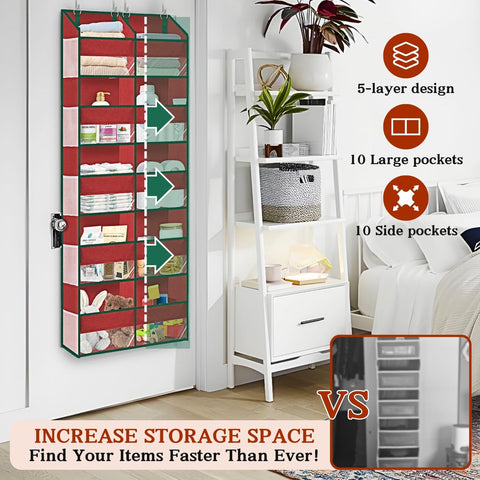 Ofiray-Home Over The Door Storage Organiser – 5-Tier, 10 Compartments, Pink Hanging Storage with 10 Side Pockets