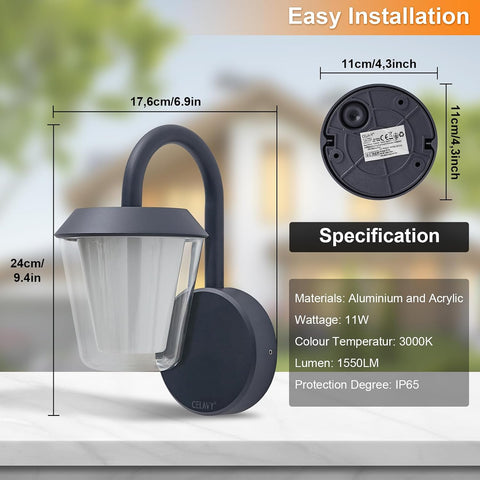Outdoor Wall Light IP65 Down Outside Lights Mains Powered, Anthracite Grey Front Door Porch Light Modern LED External Lighting Sconce, Waterproof Exterior Lamp Lantern Electric for House