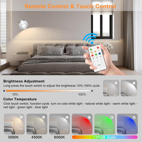 Battery Operated White Wall Lights, LED Rechargeable Wall Lights Indoor, 3500mAh Magnetic Wall Lamp with Remote, 3 Color Temperatures & 13 RGB & Dimmable 360° Free Rotation Sconces Wall Lighting