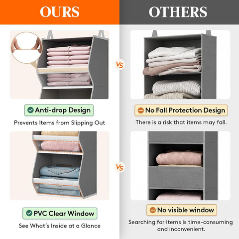 Lifewit 4-Tier Hanging Wardrobe Storage Organiser – Grey Foldable Closet Shelves with Clear PVC Window