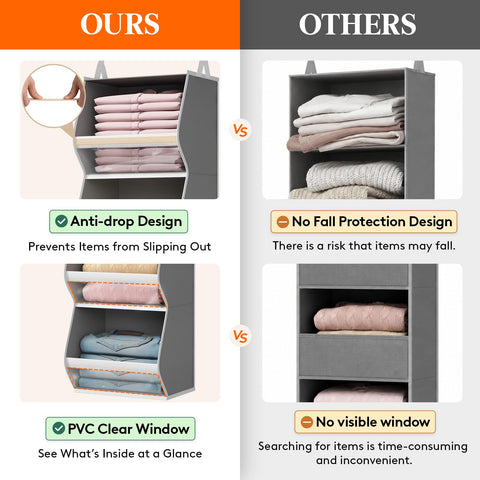 Lifewit 4-Tier Hanging Wardrobe Storage Organiser – Grey Foldable Closet Shelves with Clear PVC Window
