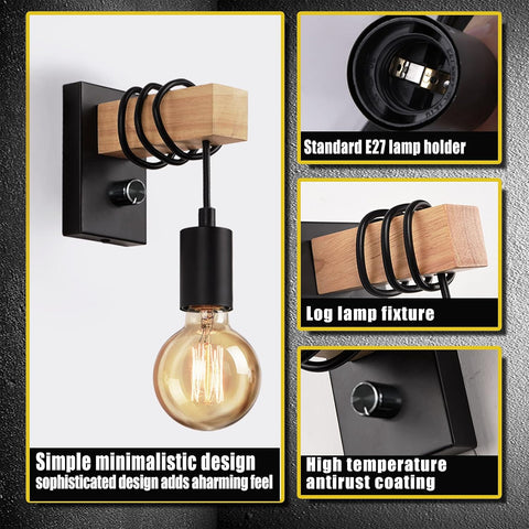Wall Lights with Switch Vintage Wall Lamp Wooden Wall Light Indoor Industrial Wall Sconce Dimmable E27 Edison Lighting Fixture for Bedroom, Dining Room, Living Room