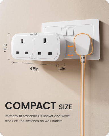 LENCENT Double Plug Adapter with 3 USB Ports – UK 2-Way Socket Extender with USB-C, 13A 3250W – Make One Wall Socket Work Harder for Your Everyday Life