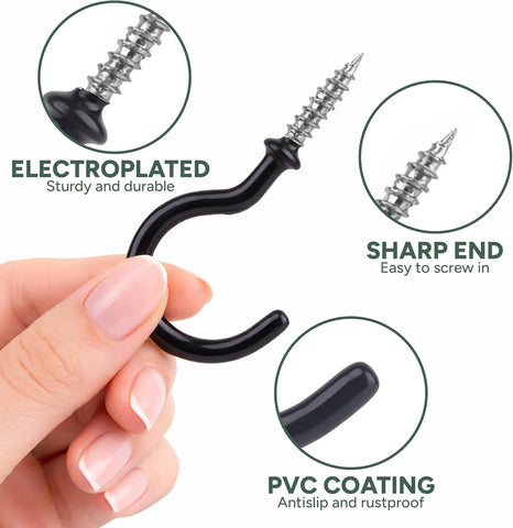 Zuvo 36 Pack Screw in Cup Hooks – Black Vinyl Coated Hooks for Wood, Walls & Ceilings – Make Everyday Hanging Storage Feel Effortless