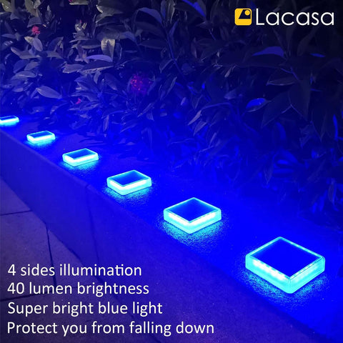 Lacasa Solar Deck Lights Outdoor Garden, 4 Pack Blue LED Dock Step Lights IP68 Waterproof Auto ON/Off for Stairs Driveway Pathway Lighting