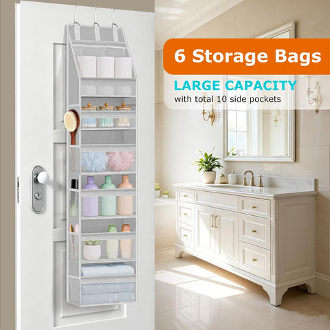 WEIQITAI 6-Tier Over the Door Organiser, Grey Hanging Storage with 6 Clear Front Pockets, 10 Mesh Side Pockets and 3 Metal Hooks