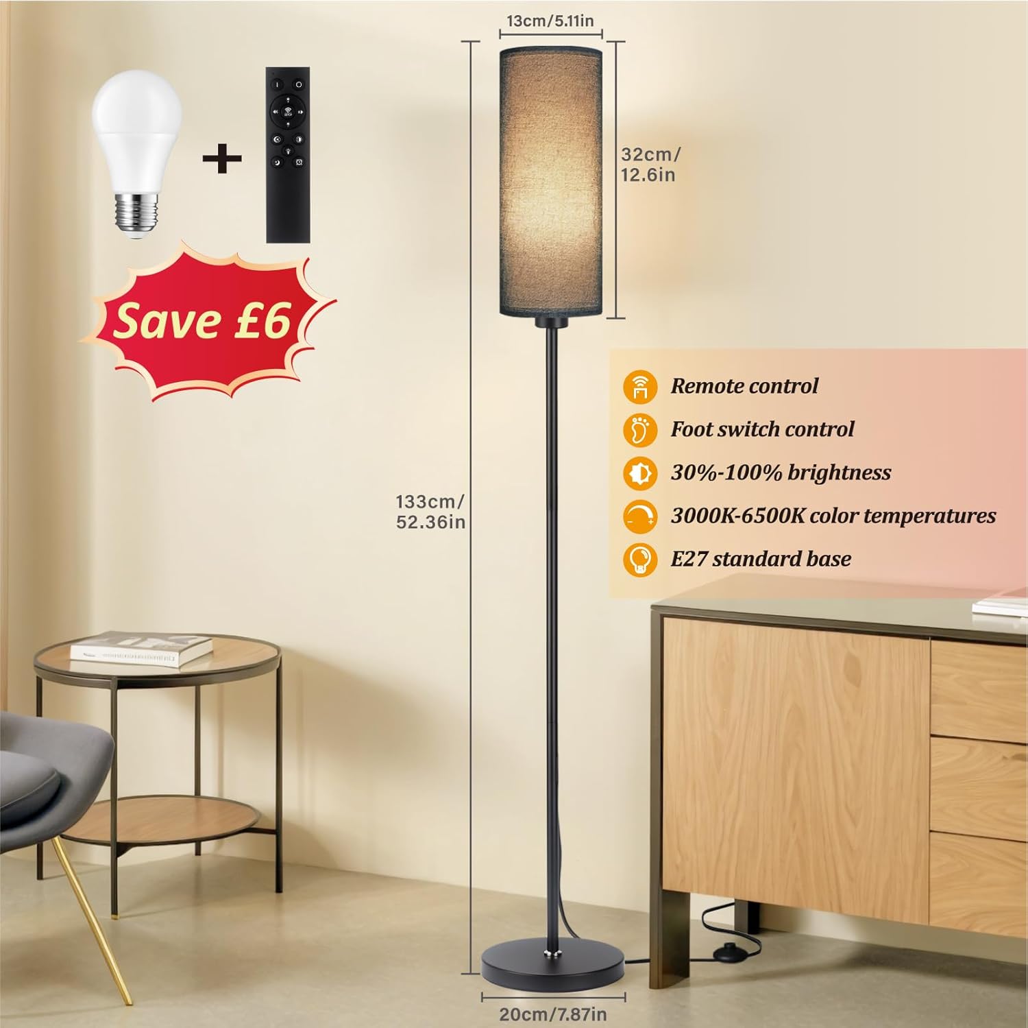 Floor lamp with remote control and foot switch, shown with dimensions and price tag.
