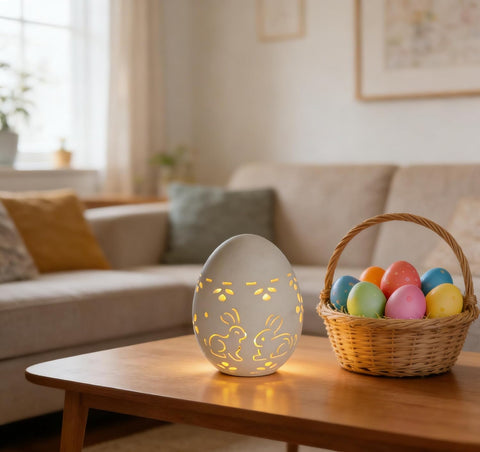 Easter Egg LED Table Lamp with Hollow Bunny Cutout – Ceramic Decorative Illuminated Egg Light