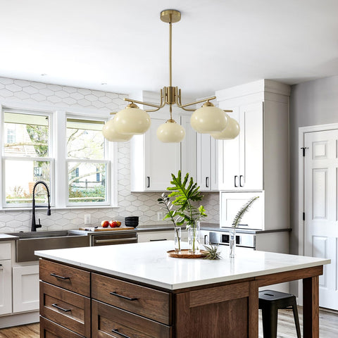 Lighting Modern Brushed Gold 5-Light Glass Globe Chandelier - Mid Century Brass Sputnik Dining Room Light Fixture