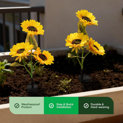 Solar Sunflower Stake Lights Outdoor Garden – Pack of 2 Decorative Solar Garden Lights with 3 Sunflower Heads, Warm White LEDs, Solar Powered Garden Ornaments