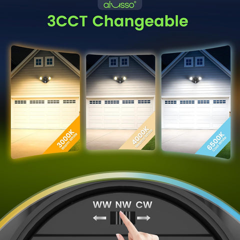 LED light fixture with 3CCT changeable feature, showing different color temperatures on a house exterior.